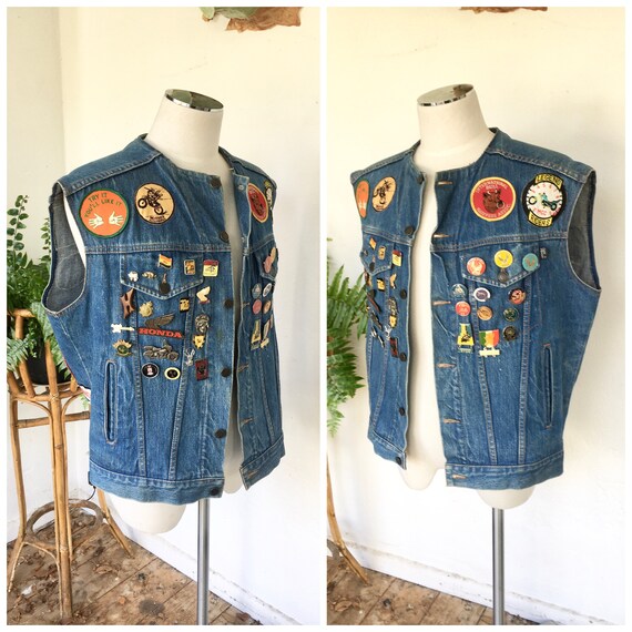 RARE! 80s motorcycle vest denim patches pins swee… - image 9