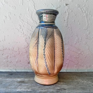 Large Australian Studio Pottery Vase Andrew Cope 1995 Signed Vessel Organic Incised Design Blue Drip Glaze 29cm