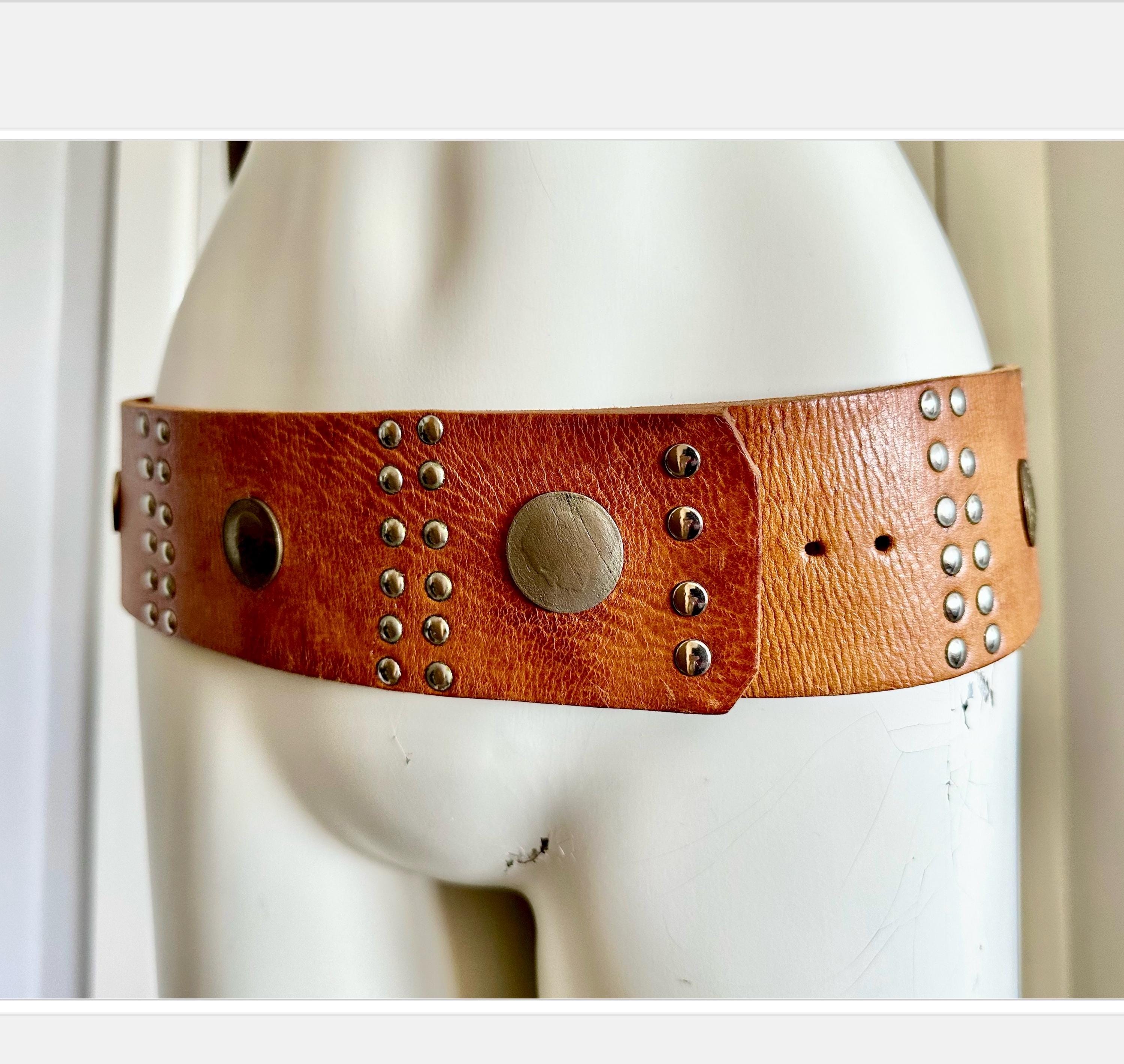 Y2K Leather Belt Brown Coin Buckle whip stitching design Wide Belt Boho Belt Amazon.com: Women Wide Boho Disc Leather Belt Vintage  main image 2