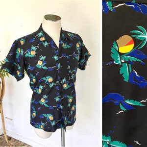 80s retro tropical mens black shirt shirt sleeve button down small vintage palm trees sunset