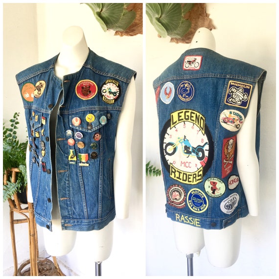 RARE! 80s motorcycle vest denim patches pins swee… - image 2