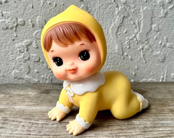 1970s Iwai Industrial crawling doll baby toy rubber retro vintage yellow white made in Korea 1971 nursery decor