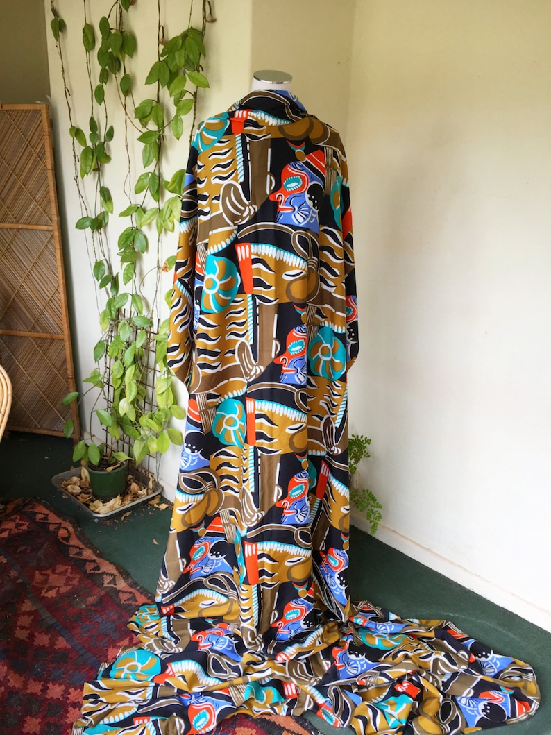 80s uncut fabric abstract tribal fabric length vintage 4.8 yards 442 cm black blue turquoise orange white polyester