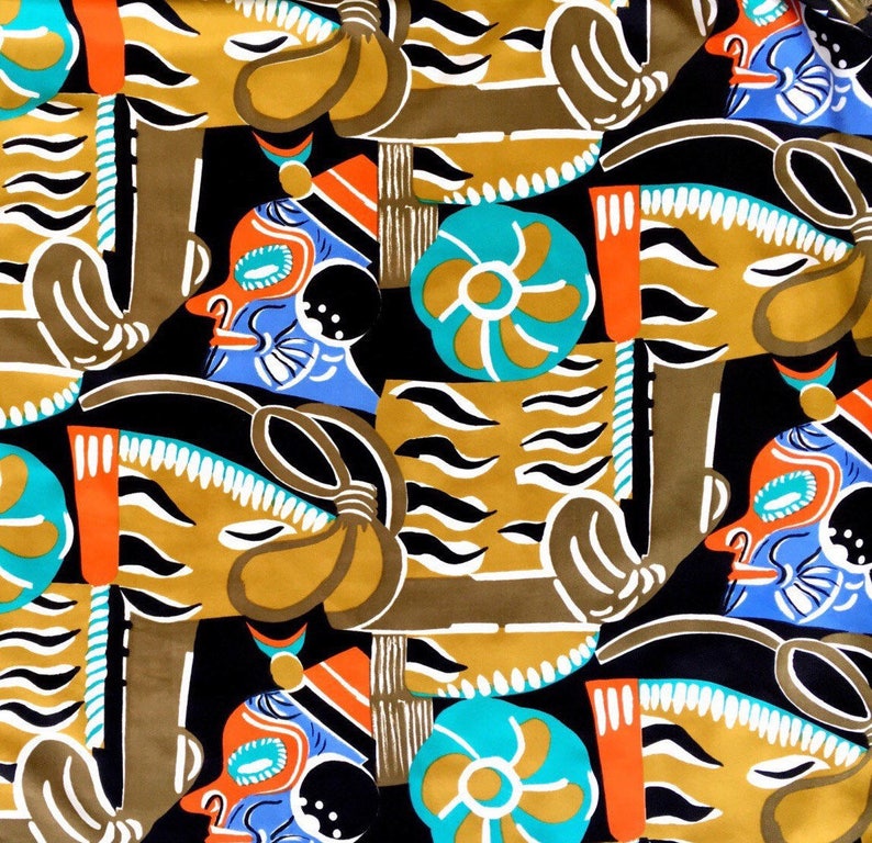80s uncut fabric abstract tribal fabric length vintage 4.8 yards 442 cm black blue turquoise orange white polyester