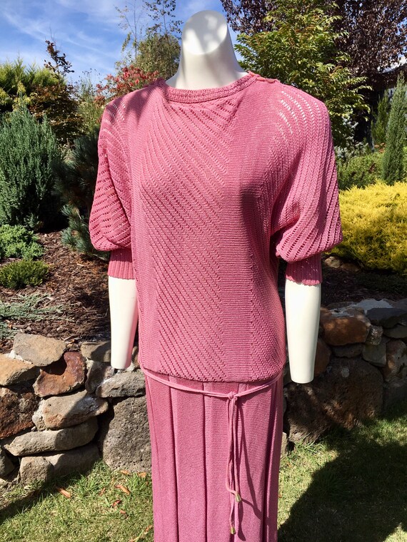 80s pink mauve knit crochet dress dropped waist p… - image 9