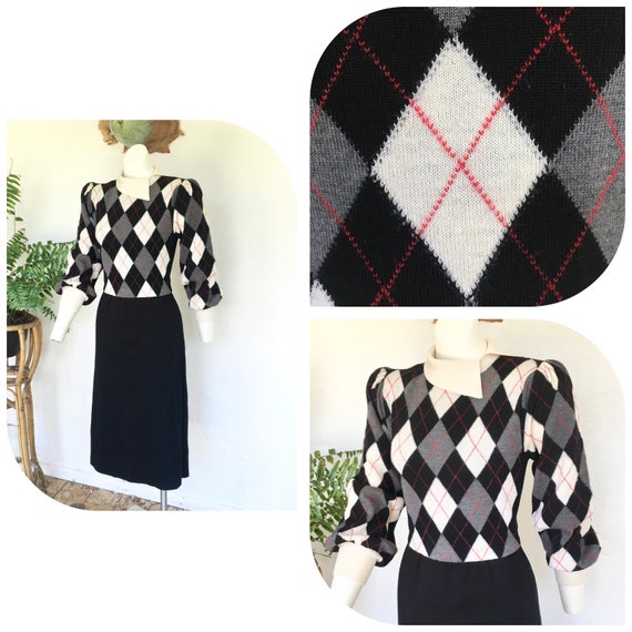 60s 70s mod wool knit dress argyle diamond check … - image 8