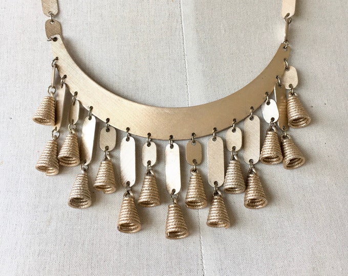 1960s Gold Goddess Bib Necklace Tassels Coils Statement Vintage Hong
