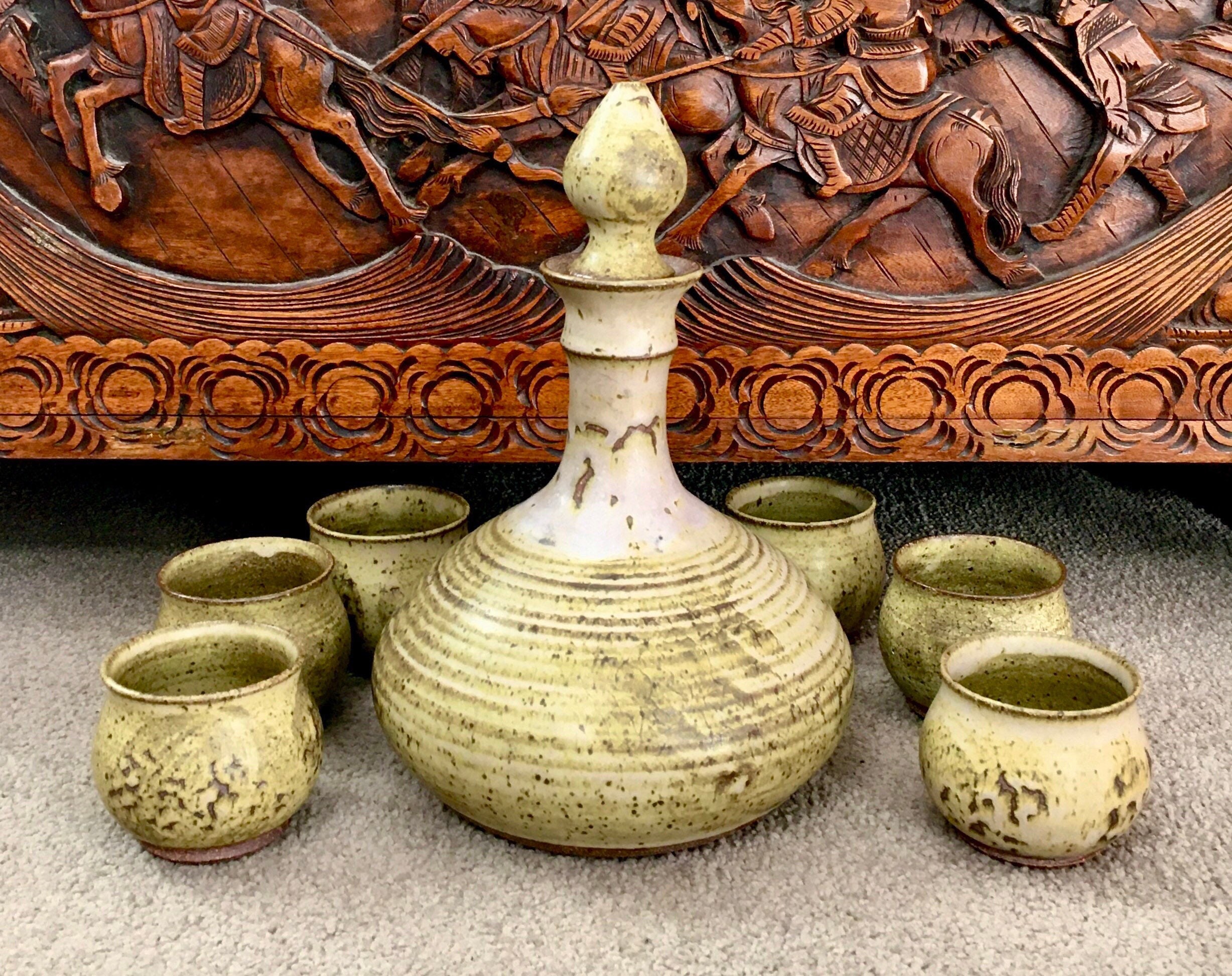 60s 70s Studio Pottery Genie Wine Decanter Set Six Cups