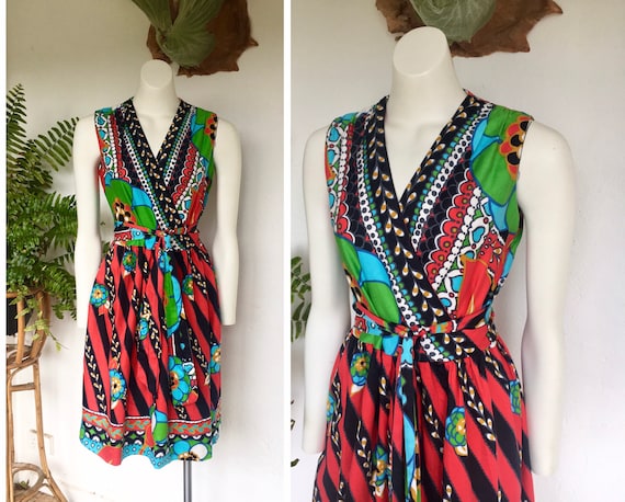 60s wrap dress cotton floral stripe colourful mod