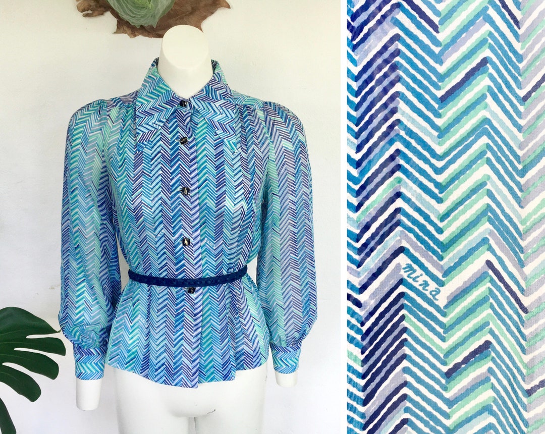 70s MINA Blue Chevron Blouse Japanese Designer Vintage Zig Zag