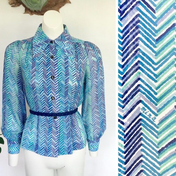 70s MINA blue chevron blouse Japanese designer vintage zig zag geometric wingtip collar