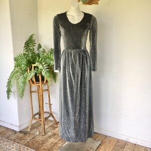 May include: A silver and black long-sleeved maxi dress with a round neckline. The dress has a fitted bodice and a flowing skirt.