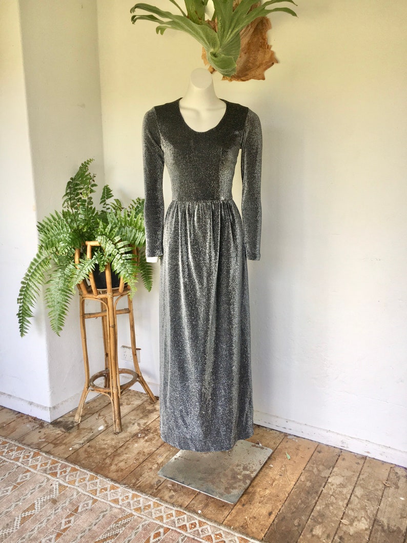 May include: A silver and black long-sleeved maxi dress with a round neckline. The dress has a fitted bodice and a flowing skirt.