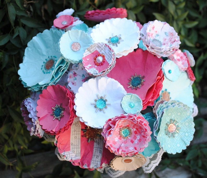Custom Colors Available Handmade Beaded Bridal Bouquet CoralAqua Paper Wedding Bouquet -Beads and Paper Flowers