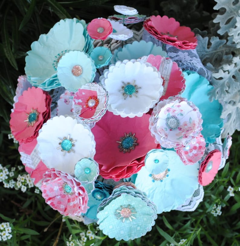 Custom Colors Available Handmade Beaded Bridal Bouquet CoralAqua Paper Wedding Bouquet -Beads and Paper Flowers