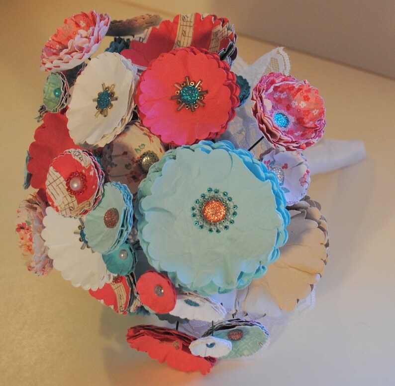 Custom Colors Available Handmade Beaded Bridal Bouquet CoralAqua Paper Wedding Bouquet -Beads and Paper Flowers
