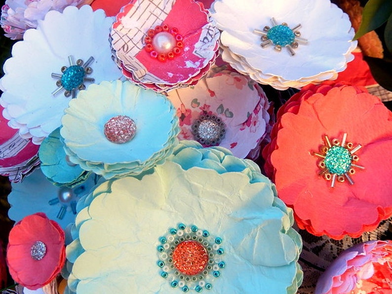 Custom Colors Available Handmade Beaded Bridal Bouquet CoralAqua Paper Wedding Bouquet -Beads and Paper Flowers