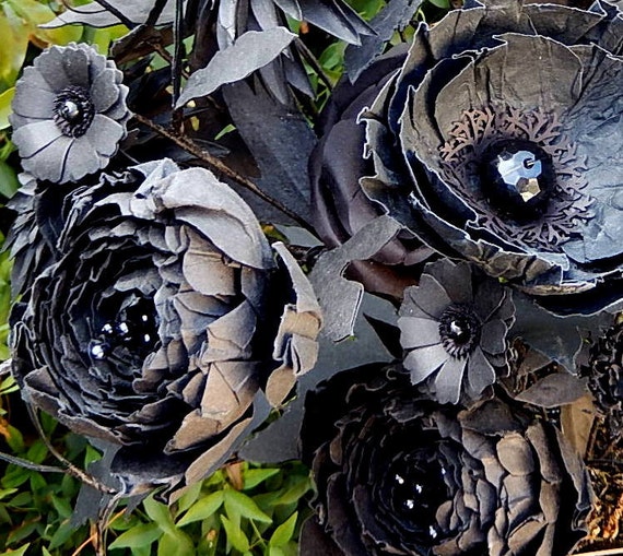 Black Flower Arrangement Monochromatic Paper Flowers Fantasy Black Paper  Flowers Handmade Eclectic Decor custom Colors Available 