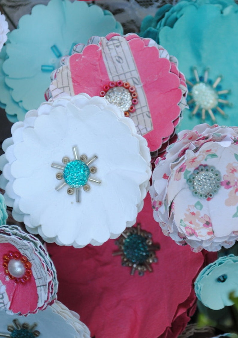 Custom Colors Available Handmade Beaded Bridal Bouquet CoralAqua Paper Wedding Bouquet -Beads and Paper Flowers