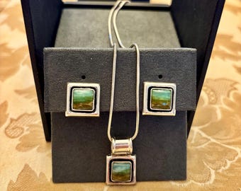 Handcrafted Peruvian Sterling Silver and Chrysocolla stone pendant and clip earrings set