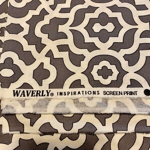 May include: Gray and white fabric with a geometric pattern. The fabric has the text "WAVERLY&reg; INSPIRATIONS SCREEN PRINT" on the bottom edge.