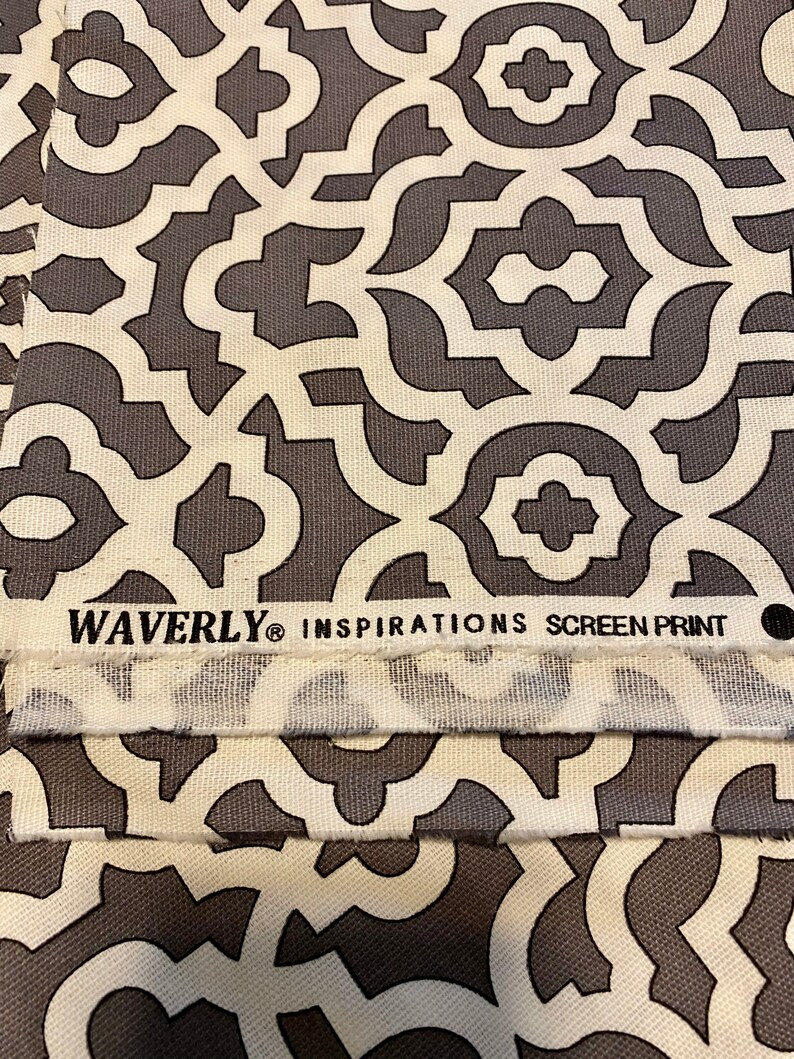 May include: Gray and white fabric with a geometric pattern. The fabric has the text "WAVERLY&reg; INSPIRATIONS SCREEN PRINT" on the bottom edge.