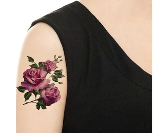 Temporary Tattoo -  Purple / Red Rose /Hydrangea Floral - Various Sizes / Tattoo Flash