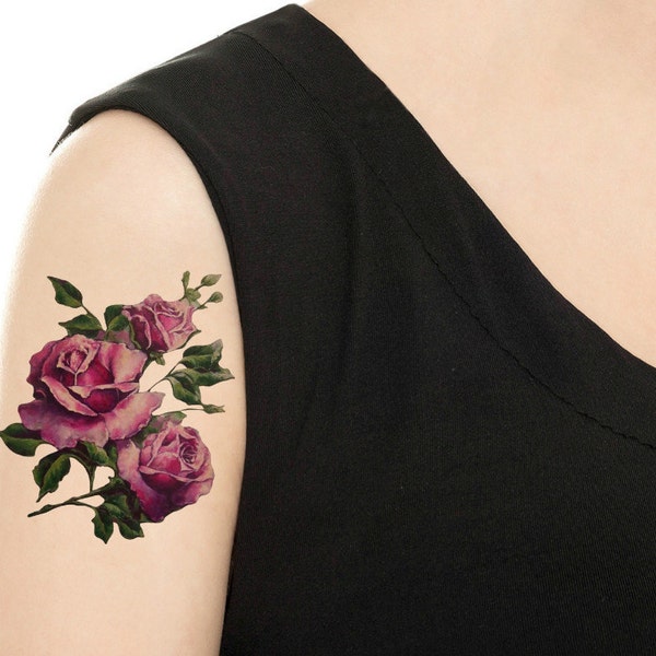 Temporary Tattoo -  Purple / Red Rose /Hydrangea Floral - Various Sizes / Tattoo Flash