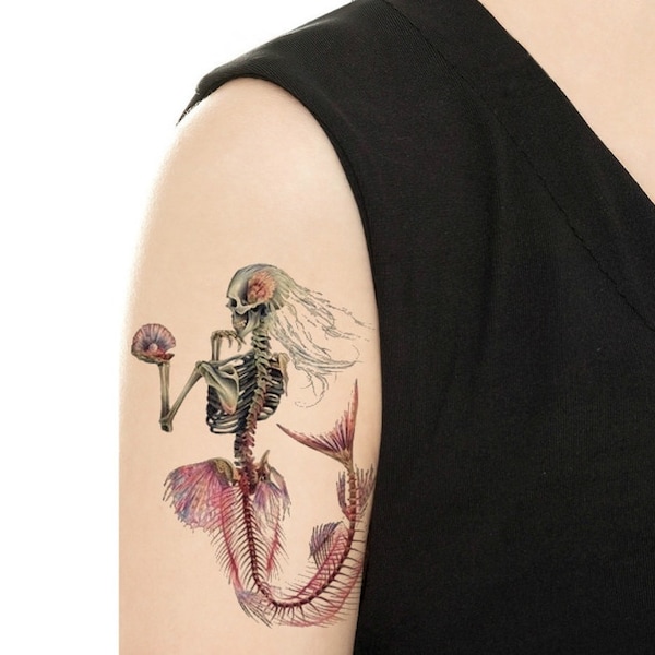 Temporary Tattoo - Skeleton Mermaid / Punk Rock Ariel / Tattoo Flash