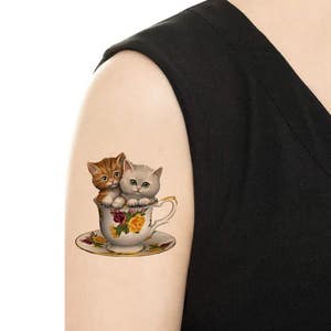 Temporary Tattoo Teacups Series / Cats in teacup / Biscuits and teacup / Herbs and teacup / Tattoo Flash PICTURE 1