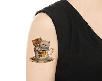 Temporary Tattoo -  Teacups Series / Cats in teacup / Biscuits and teacup / Herbs and teacup / Tattoo Flash