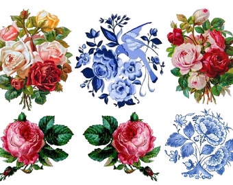 Temporary Tattoo - Set of 6 Vintage Floral OR Set of 6 Floral, Swallows & Feathers