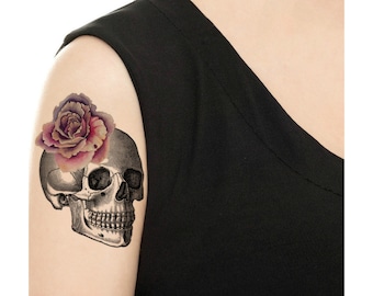 Temporary Tattoo -  Large Flower Skull Tattoo / Tattoo Flash