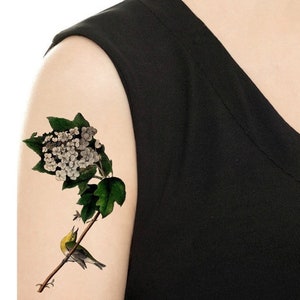 Tatuaje temporal - Vireo amarillo amenazado y el tatuaje floral / rosa bouquet - Varios tamaños / Tatuaje Flash