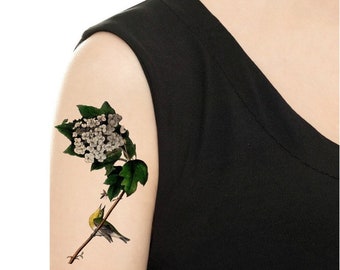 Temporary Tattoo -  Yellow Threated Vireo and the Floral / Rose Bouquet Tattoo - Various Sizes / Tattoo Flash