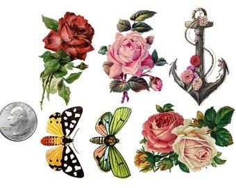 Temporary Tattoo - Set of 6 Vintage Floral OR Set of 10 Floral, Swallows & Feathers - Various Patterns / Tattoo Flash