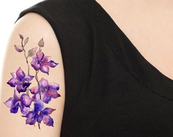 Temporary Tattoo - 5" x 3" Watercolor Purple Flower / Rose / Carnation /Tattoo Flash