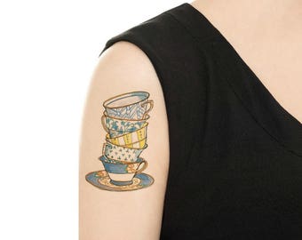 Temporary Tattoo -  Stack of 5 Teacups and Saucer / Teacup tattoo / Vintage Teacups