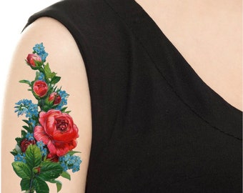 Temporary Tattoo - 5" x 3" Vintage Rose / Watercolor Purple Flower / Rose / Carnation /Tattoo Flash