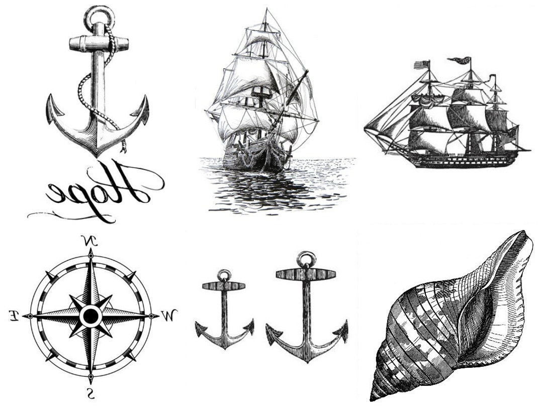 Temporary Tattoo - Nautical Tattoo / Anchor / Seashell / Compass / Vintage  Ship / Mouse Temporary Tattoo - Etsy Israel, image size:1080x810