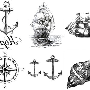May include: Black and white line art illustrations of nautical themed items including an anchor, a compass, a seashell, and two sailing ships. The word "Hope" is written in cursive.
