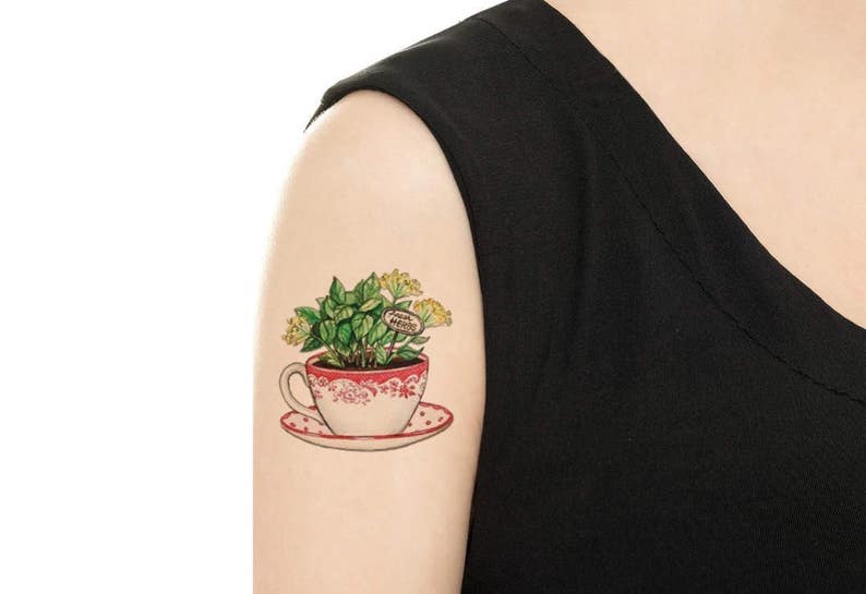 Temporary Tattoo Teacups Series / Cats in teacup / Biscuits and teacup / Herbs and teacup / Tattoo Flash PICTURE 3