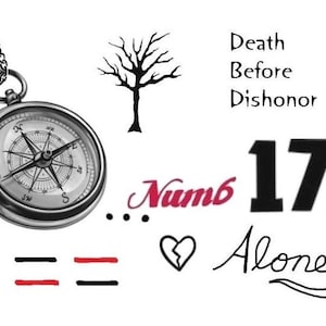 May include: Black and white image with a compass, a bare tree, the words "Death Before Dishonor", the number "17", the word "Numb" in red, a broken heart, and the words "Alone" in cursive.