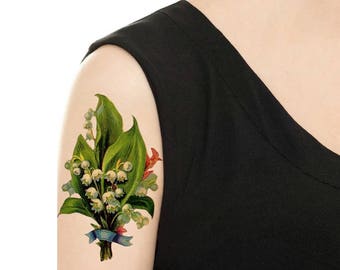 Temporary Tattoo -  Multi Flower Vintage Tattoo / Lily of the Valley / Butterfly / Rose / Sweet Pea / Lilac / Daisy / Poppy / Pansy