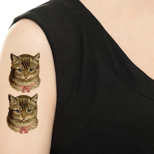 Puede incluir: Dos tatuajes temporales de gatos atigrados marrones con lazos rosas. Los gatos miran directamente al espectador.