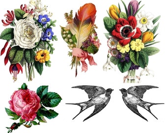 Temporary Tattoo - Temporary Tattoo - Set of 6 Floral, Swallows & Feathers OR Set of 6 Vintage Floral