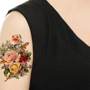 Tatuaje temporal - Rose Bouquet / Hydrangea Floral Tattoo / Tattoo Flash