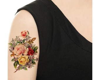 Temporary Tattoo -  Rose Bouquet / Hydrangea Floral Tattoo / Tattoo Flash