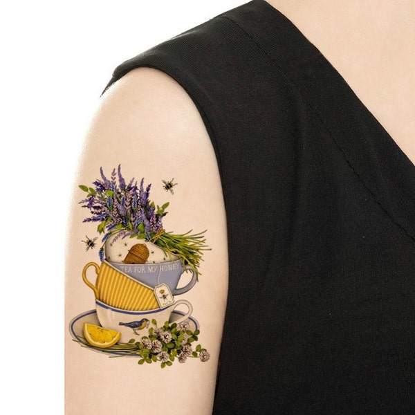 Temporary Tattoo -  Lavender Teacups and Saucers - Various Sizes / Tattoo Flash