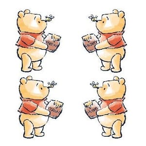 May include: Four illustrations of Winnie the Pooh holding a jar of honey and looking at a bee.